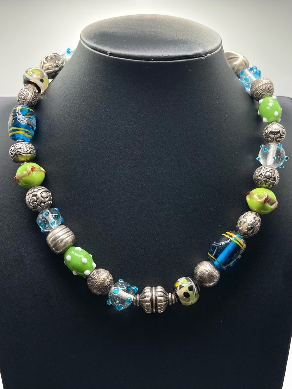 🌑Vintage Estate Danforth Pewter BEADazzled Lampwork Glass Beaded Necklace🌑